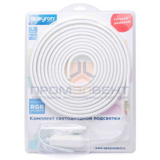 10-52 Комплект светодиодной подсветки - лента 220В, 12Вт/м, smd5050, 60д/м, IP44, 5м, белый силикон, с аксессуарами(сетевой шнур с кнопочным контроллером, заглушка пластиковая, крепежи пластиковые), RGB